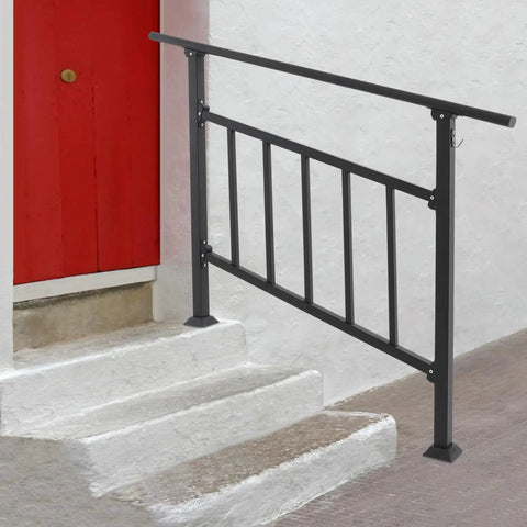 Rock-Solid 4-Step Steel Stair Railing with Integrated Fence Safety Barrier Features Tough Baked-On Finish for Indoor Outdoor Porch Deck Heavy-Duty Handrail mounted by red door.