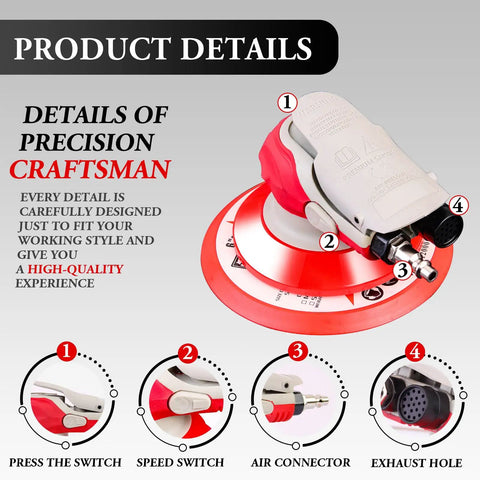 High Speed 5mm Orbit Pneumatic Orbital Sander Pro Grade For Auto Body, details view with features labeled in diagram.