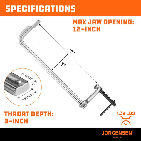 Diagram of 12 Inch Light Duty Bar Clamps Set with 3 Inch Throat showing measurements and specifications.