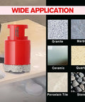 Front view of red diamond hole saw bit from a 14-piece tile drill set for ceramic and porcelain.