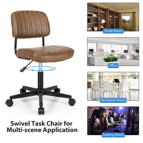 Slick Armless Desk Chair With Easy Glide Wheels, Top Tier PU Leather Task Seat Featuring Low Back Cushioning And Hella Smooth Height Adjustment For Rock Solid Rolling Home Office Setup For Teens And Adults