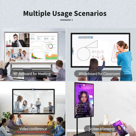 Next Level 98 Inch Touchscreen Monitor and Interactive Smart Board Featuring a Slick 4k Digital Whiteboard With Dual Android Windows Setup for Game Changing Office Presentations and Classroom Digital Signage Display showcasing multiple usage scenarios.