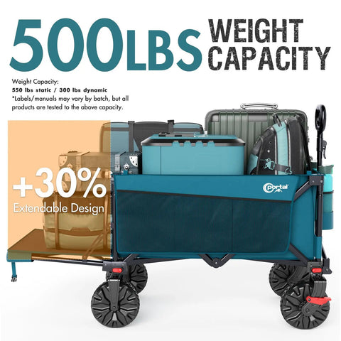 300L Heavy Duty Foldable Wagon With Tailgate And All Terrain Wheels, 550Lb Load Capacity, loaded with gear, side view