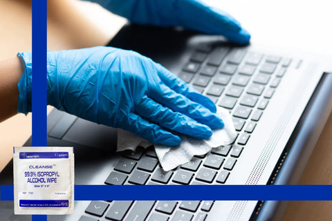 Cleanse isopropyl alcohol wipe packet; 5 x 6 in; blue-gloved hand wipes laptop keyboard