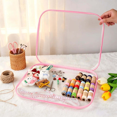 Rock Solid Clear Hard Shell Zippered Storage Cases With Name Tags 3 Pack holding sewing supplies in pink totes.