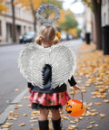 Child wearing Totally Shiny Silver Foil Angel Wings With Matching Headband For Halloween Cosplay Carnivals Festivals And Party