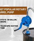 Heavy Duty Cast Iron Rotary Drum Pump That Hauls Diesel Motor Oil And Kerosene Straight Out Of Full Size Fifty Five Gallon Barrels With Zero Electric Plug Required For Farm Or Shop Use in use with a telescopic suction tube.