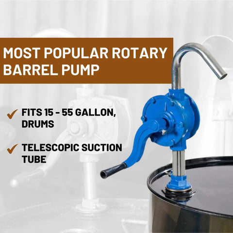 Heavy Duty Cast Iron Rotary Drum Pump That Hauls Diesel Motor Oil And Kerosene Straight Out Of Full Size Fifty Five Gallon Barrels With Zero Electric Plug Required For Farm Or Shop Use in use with a telescopic suction tube.