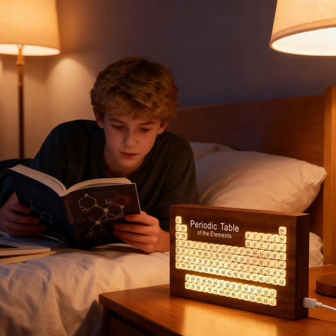 Solid Wood Periodic Table Desk Lamp With Warm Led Glow Usb Powered Science Study Gear A Hella Bright Setup For Chemistry Classrooms Dorms And Teacher Gifts Right Now, illuminating a child reading in a cozy bedroom.