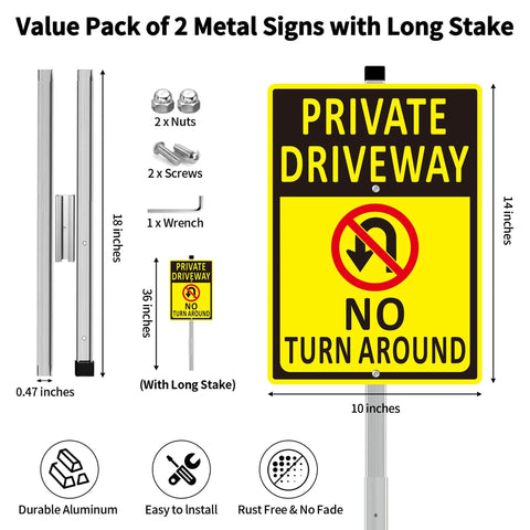 Two metal driveway signs, 14x10 inches, yellow with black PRIVATE DRIVEWAY and NO TURN AROUND text on long stakes.