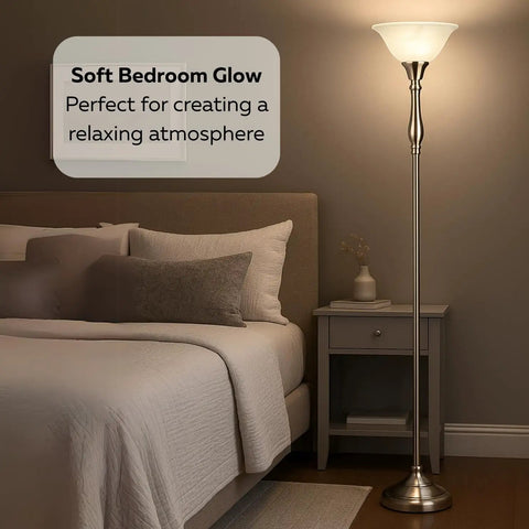 72 Inch Torchiere Floor Lamp With Brushed Nickel Finish And White Alabaster Glass Shade For Living Room Or Bedroom And Corner Lighting