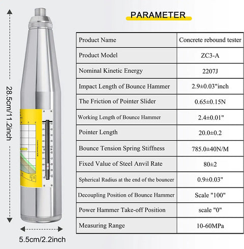 Concrete Rebound Hammer Tester ZC3A Pro Grade with specifications and English label, measures 10-60 MPa, ASTM C805 standards