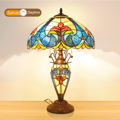 Retro Tiffany Style Table Lamp with Stained Glass, 24 Inches Tall, orange glow, on a wooden surface, daytime setting