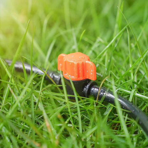25 Pack One Quarter Inch Drip Irrigation Shut Off Valves Easy Install Inline Water Flow Control for Garden Beds close-up