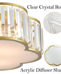 Gold Crystal Flush Mount Ceiling Light With 4 Lights, Modern Brass Frame, flower drum with clear crystal rods and acrylic diffuser