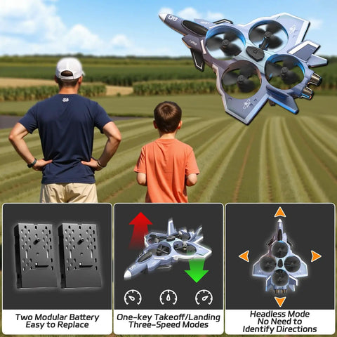 Brushless RC Plane With Camera And Built In Screen, 360 Degree Flip Fighter Jet in flight, child and adult watching