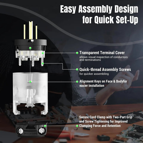 8 Piece Lighted Extension Cord End Replacements Set For NEMA 5-15P To NEMA 5-15R, 15 Amp 125 Volt, 2 Pole 3 Wire Grounding, Straight Blade, 360 Degree LED Power Indicator, DIY Friendly, UL Listed, Black transparent terminal cover and cord clamp