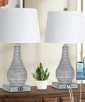 Two Pack Farmhouse Table Lamps With USB Ports For Bedroom Nightstand, 23 Inch Gray Vase Bases And White Shades, Rustic Lighting