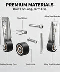 Tough As Nails Vertical Track Rollers With Smooth Rolling Bottom Wheels components including steel wheel, rubber bearing core, and alloy steel bracket.