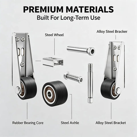 Tough As Nails Vertical Track Rollers With Smooth Rolling Bottom Wheels components including steel wheel, rubber bearing core, and alloy steel bracket.