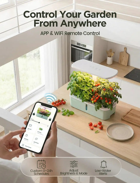 Smart Indoor Hydroponic Garden System With App And WiFi Control For Home Use, 24W Full Spectrum Grow Light, 10 Pod Planter shown in a kitchen