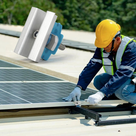 Heavy Duty Kickass Solar Panel Clamps With Bolt Nuts Corrosion Proof Aluminum mid mount bracket installed on solar panel.