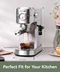 Espresso Machine 20 Bar With Auto Milk Frother And Steam Wand For Effortless Milk Foam NTC Temperature Control Compact Stainless Steel Cappuccino Maker For Home Baristas And Coffee Lovers on kitchen counter with dimensions shown