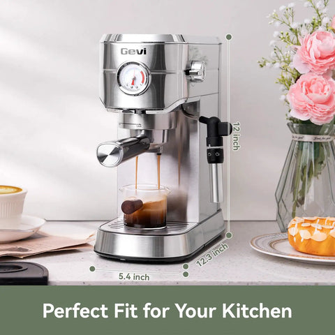 Espresso Machine 20 Bar With Auto Milk Frother And Steam Wand For Effortless Milk Foam NTC Temperature Control Compact Stainless Steel Cappuccino Maker For Home Baristas And Coffee Lovers on kitchen counter with dimensions shown