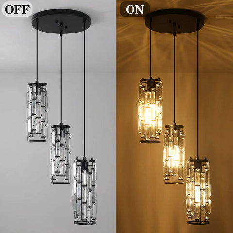 Three Light Crystal Pendant Lights Black For Kitchen Island Hanging Light Fixtures Modern Black Pendant Lighting Adjustable Suspension For Dining Room Living Room Hallway, off and on view.