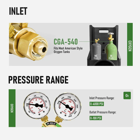 Oxygen Regulator CGA 540 Inlet B Size With T-Handle For Welding Hoses, Adjustable 0-4000 PSI Inlet And 0-100 PSI Output, 9/16-18 Outlet For 1/4 Inch B Fittings Twin Welding Hose close-up