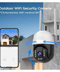 Built Tough 5MP PtZ Outdoor Security Camera with IP66 waterproof build, horizontal 355° rotation and smartphone interface.