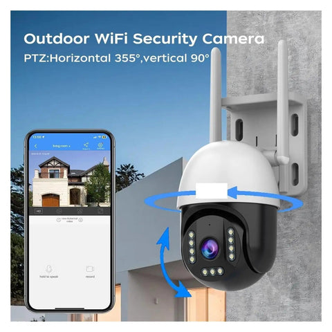 Built Tough 5MP PtZ Outdoor Security Camera with IP66 waterproof build, horizontal 355° rotation and smartphone interface.