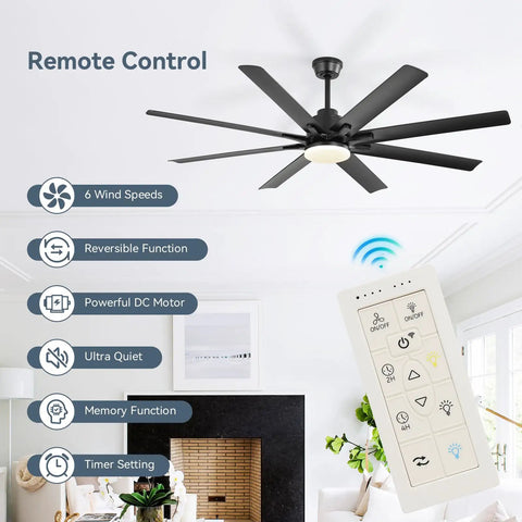 52 Inch Smart Ceiling Fan With Lights For Indoor Outdoor Use Remote Control Works With Alexa And Google Assistant Quiet Reversible DC Motor 6 Speed 8 Blade Black Ceiling Fan For Patio Bedroom Garage, shown installed in a living room with remote and features listed.