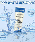 Shoe Sole Repair Glue tube in water splash, highlighting waterproof properties, labeled "HZUTLOER", "Moisture-proof", "Sealing".