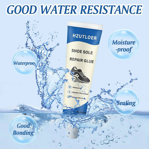 Shoe Sole Repair Glue tube in water splash, highlighting waterproof properties, labeled "HZUTLOER", "Moisture-proof", "Sealing".
