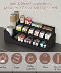 Large 3 Tier Coffee Station Organizer With Drawer, 18 Compartments Rustic Black Wooden Pods Holder with coffee essentials