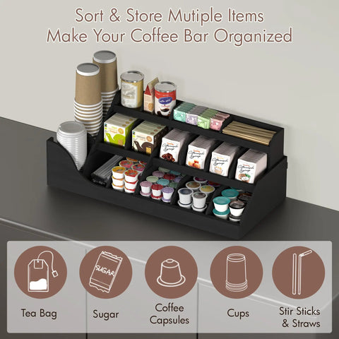 Large 3 Tier Coffee Station Organizer With Drawer, 18 Compartments Rustic Black Wooden Pods Holder with coffee essentials