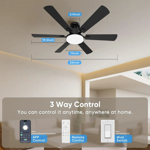 Smooth As Butter 52 Inch Ceiling Fan With Slick App And Remote Controls Featuring Whisper Quiet Motor Six Sleek Blades Dimmable Led Glow For Chill Living Room Setups, top view showing dimensions and controls.