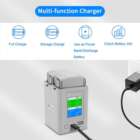 Two Way LCD Battery Charger For DJI Mini 5 Pro Mini 4 Pro And Mini 3 Series showing LCD screen with charging options