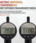 Portable Handheld Digital Surface Roughness Tester For 0 To 9 mm Range And 0 To 9000 Um, 1 Um Resolution, showing metric-imperial conversion