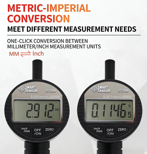Portable Handheld Digital Surface Roughness Tester For 0 To 9 mm Range And 0 To 9000 Um, 1 Um Resolution, showing metric-imperial conversion