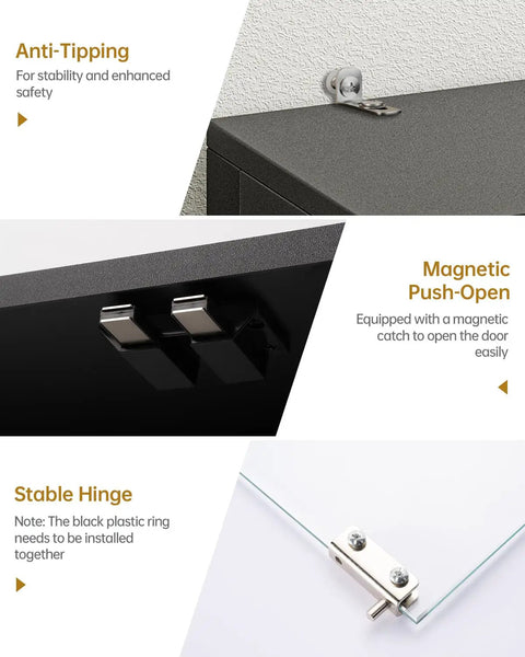 Anti-tipping feature and magnetic push-open mechanism on 65 Inch Glass Display Cabinet with RGB LED Lights and Glass Doors, 4 Tier Curio.
