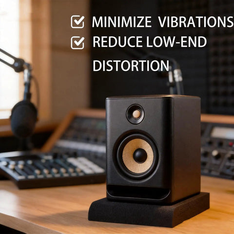 Top Grade Acoustic Isolation Pads For Five Inch Studio Monitor Speakers Featuring Dead Quiet Sound Dampening And Rock Solid Vibration Control For A Tighter Audio Mix with black monitor speaker on isolation pad.