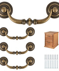 Antique Drop Bail Drawer Pulls Set Of Four In Bronzed Finish displayed with cabinet and screws, vintage design for versatile use, 4.5-inch length.