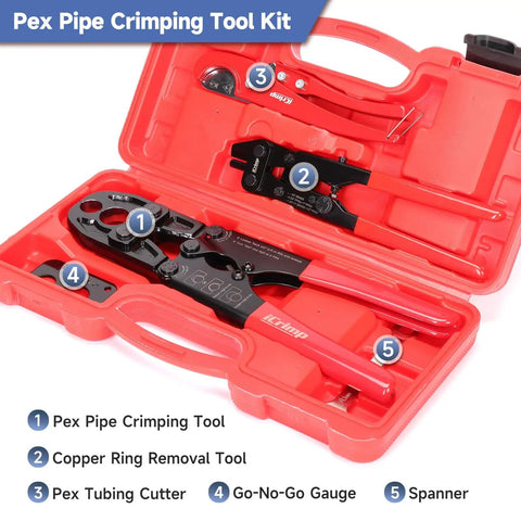 Combo Pex Pipe Crimping Tool Kit for One Half and Three Quarter Inch Copper Ring Fittings in red carrying case.