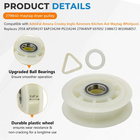 Detailed view of 279640 Maytag idler pulley with ball bearings for Whirlpool, Maytag, Kenmore dryer repair kits.