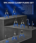 9 Piece Hose Clamp Pliers Set for Automotive Fuel Oil and Water Hoses With Long Reach Clic R Type Swivel Jaw Flat Band Pliers Hose Removal Tools In Case Universal Clamp Removal Kit displayed on steps with labels