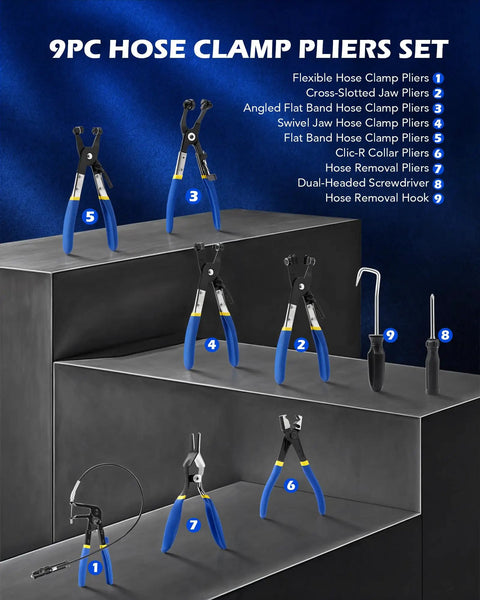 9 Piece Hose Clamp Pliers Set for Automotive Fuel Oil and Water Hoses With Long Reach Clic R Type Swivel Jaw Flat Band Pliers Hose Removal Tools In Case Universal Clamp Removal Kit displayed on steps with labels
