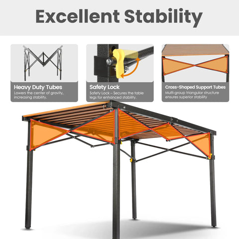 46.4 Inch Large Camping Table For Two To Six People Beefy Built Heavy Duty Foldable Aluminum Roll Up Top showcasing stability features