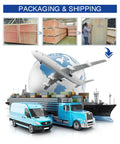 Global packaging and shipping logistics with airplane, cargo ship, vans, and crates.
